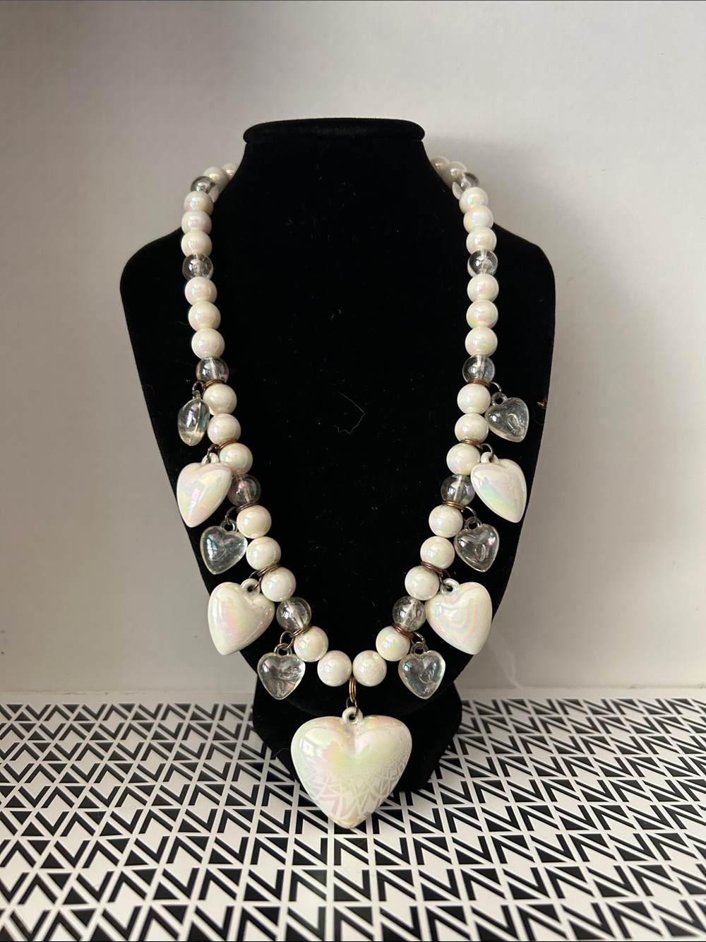 Iridescent Heart Beaded Necklace - White